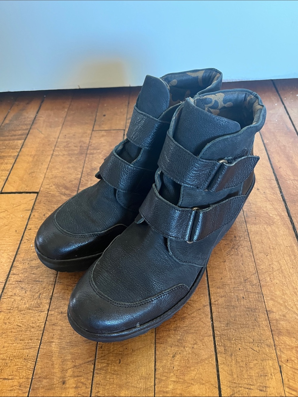 Fly London wedge Black Velcro Strap Comfort Ankle boots